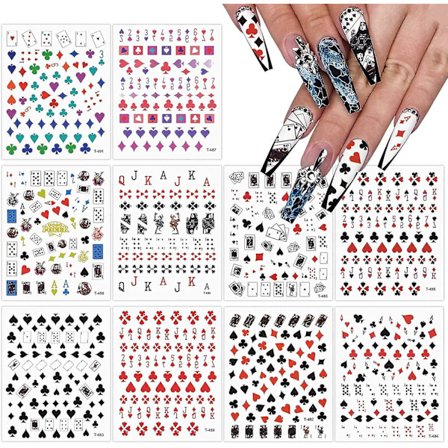 10 ark Poker Nagelkonst Klistermärken Dekaler, Spelkort Stil Nagelklistermärken Siffror Bokstäver Grafik Nageltillbehör För Kvinnor Flickor Nagelkonst