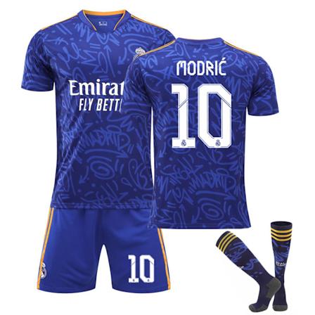 2022 Real Madrid Borta Royal Blue Fodboldtrøje Modric No.10 Fodboldtrøje 3-delt sæt til børn Voksne zV 26(140-150CM)