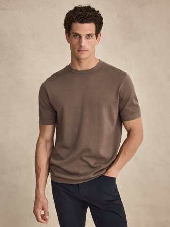 John Henric Men's Braunes Gestricktes T-Shirt Relaxed Fit Size XS