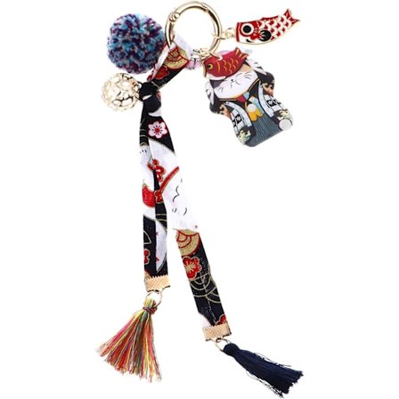 (Tyyli 1) Onnenkissan avaimenperä Maneki Neko Pom Pom -kellolla Japanilainen