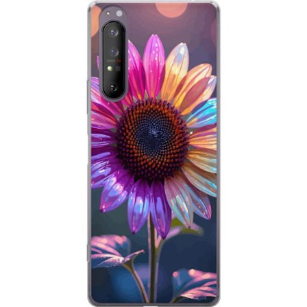 Kompatibelt Mobildeksel til Sony Xperia 1 II Irideserende blomst med glitrende kronblad i rosa lilla og gull mot myk bokeh bakgrunn