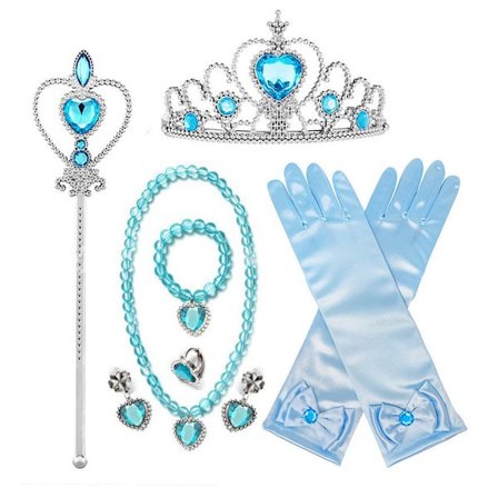 Prinsesse Utklednings Tilbehør for Kostymefester, Prinsessekrone/Elsa Kostyme Parykk/Tiara/Hansker/Tryllestav/Ring/Øredobber/Halskjede, 2-10 År