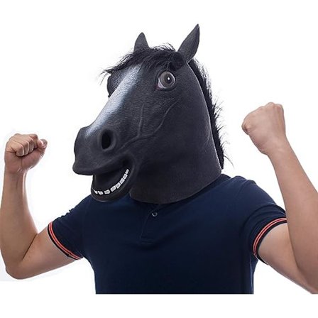Hästmask, läskig hästmask, latex djurhuvudmask, snygga halloweenkostymer, mörk häst