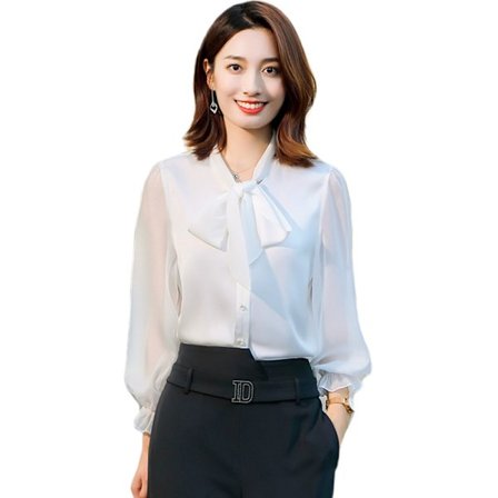 High-end sløyfe chiffon skjorte dame (Hvit, M)