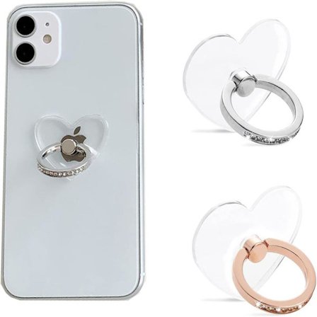 Transparent Mobiltelefon Ringholder, 2 stk. Telefonstativ, 360 Graders Rotation Hjerte med Diamant Telefon Ring Støtteholder