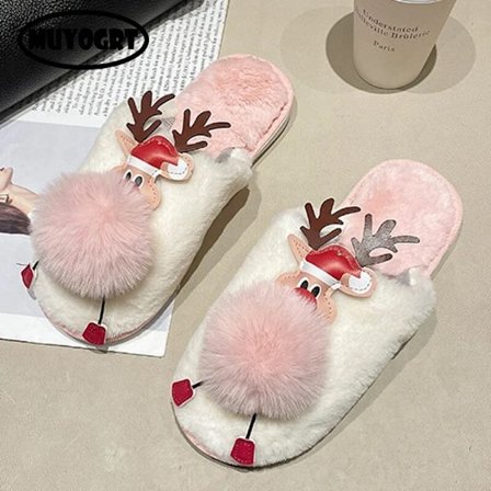 Christmas Elk Plys Hjem Hjemmesko Dame Vinter Warm Furry Slides Sko