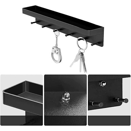 Nøgleholder, Sort Nøgleholder, Nøgleopbevaringsboks, Krogstang med Hylde, Vægopbevaringsboks med 6 Kroge, Velegnet til Køkken og Kontor (sort)
