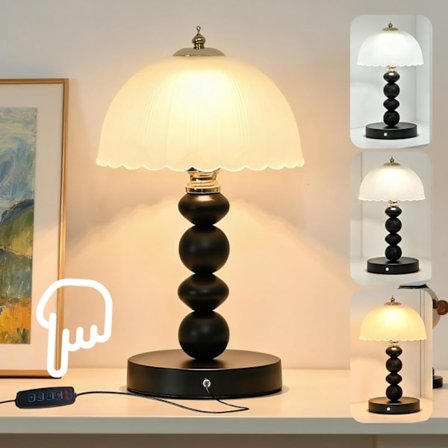Liten vintage bordslampa, svamplampa med glasskärm, sänglampa i europeisk stil, trefärgad dimbar bordslampa