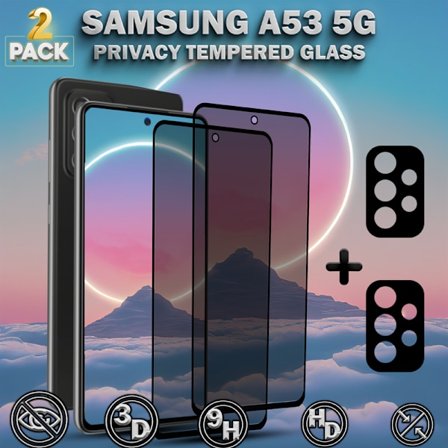 2-Pack Privacy Samsung A53 5G Skärmskydd & 2-Pack Linsskydd - Härdat Glas 9H - Super kvalitet 3D