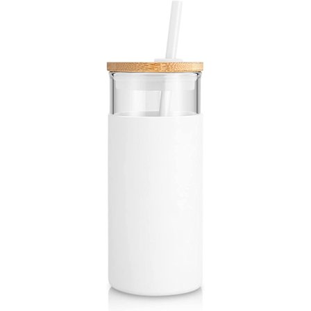 Glasvattenflaska 500ml med sugrör, silikonfodral och bambulock - BPA-fri (Vit)