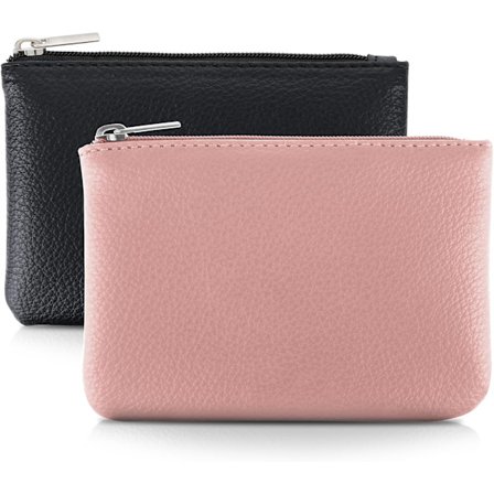 2 stk. Myk Litchi-mønster Glidelås Myntveske PU Bærbar Dame Mini Myntpung Kortholder (Svart Rosa)