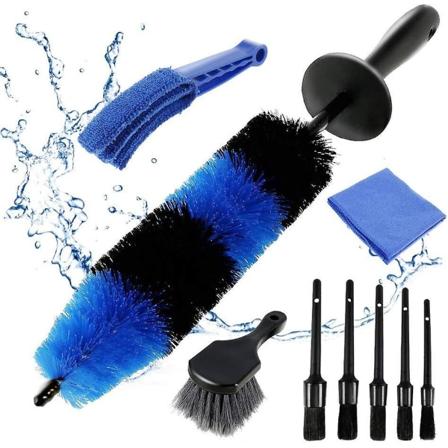 9-delt bilhjul og dekkdetaljeringsbørste sett 17 tommers lang felgbørste og 5-delt bildetaljeringsbørste dekkbørste med bilrengjøringshåndkle