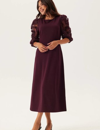 Bubbleroom 3D Floral Sleeve Midi Dress - Burgundy - 32-34