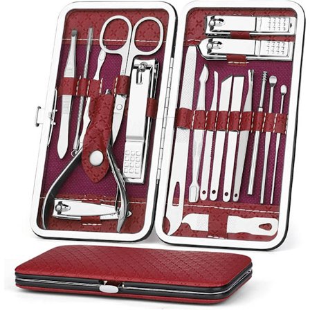 Rødvin-manicure pedicure sæt, 19 stk. negleklipper, neglesaks, hom