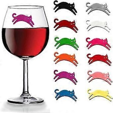 12 kpl uudelleenkäytettäviä viinilasimerkkejä, kissakuvio, silikoni