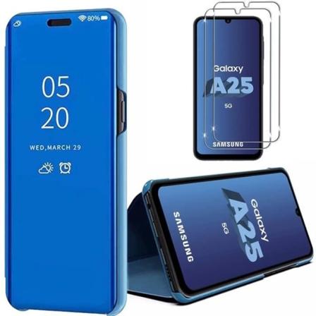 Etui til Samsung Galaxy A25 5G, Smart Cover Clear View 360° stødsikker, gennemsigtigt blåt spejl + 2 hærdede briller Blå