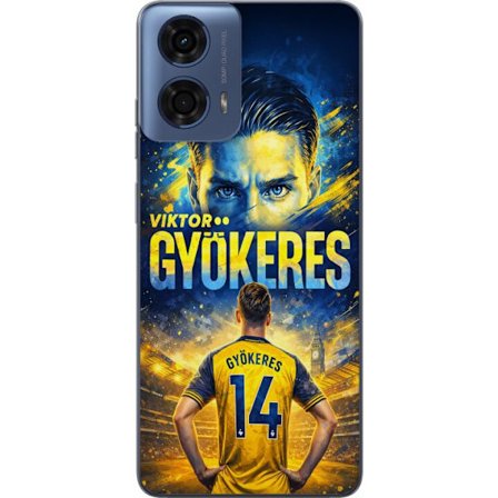 Kompatibelt Mobildeksel til Motorola Motorola Moto G04 Viktor Gyökeres fotballplakat i gult og blått med dramatisk stadionbakgrunn, sportillustrasjo