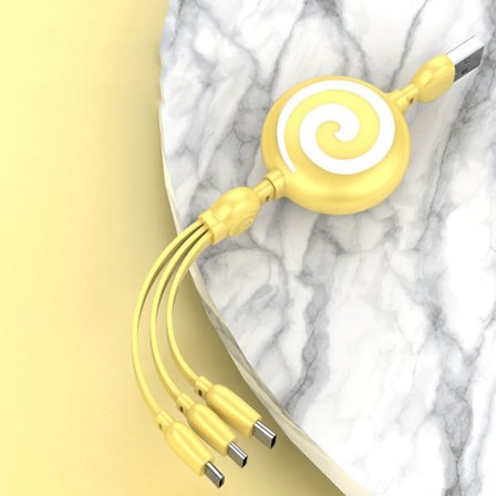 3 i 1 USB-laddningskabel Lollipop-form Sträckbar snabbladdningstelefonkabel för IOS för Android för Huawei Citron Gul
