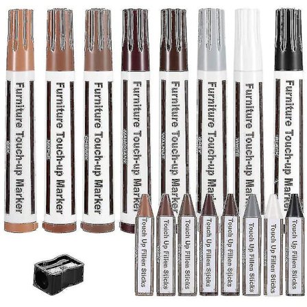 Møbelreparationssæt, træ-touch up penne, laminat-ridse reparation, voks-sticks til træreparation, møbelmarkører touch up, sæt med 17 markører og voks-