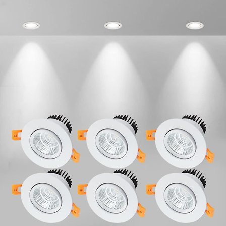 6 x LED-infällda spotlights, 5 W COB, kallvitt 6000 K, IP44 (vit) (öppning: 75 mm)