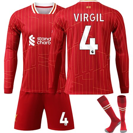 24-25 Liverpool Langermet Hjemmedrakt NR.4 VIRGIL Trøyer Barn Voksen Fotballutstyr med Sokker