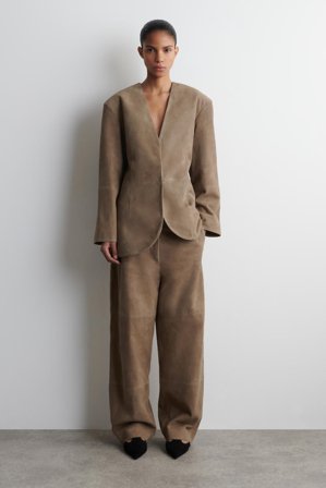 COS Women's Collarless Suede Blazer in Beige