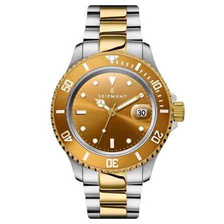 Tide II | Reloj de buceo de acero inoxidable plateado y dorado con movimiento de cuarzo, esfera color champán y cíclope para hombres - Relojes de 