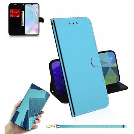 Fodral för Samsung S25 PLUS blått spegelläder med kortfack plånboksfodral