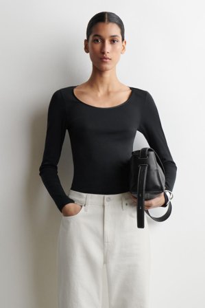 COS Women's Satin Trimmed Cotton Jersey Long Sleeve Top in Black