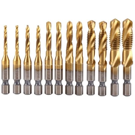 12 stk. tappborsett med sekskantet skaft, titanbelagt HSS-gjengetapp, skrumaskin, sammensatt tapp for metall, stål, tre