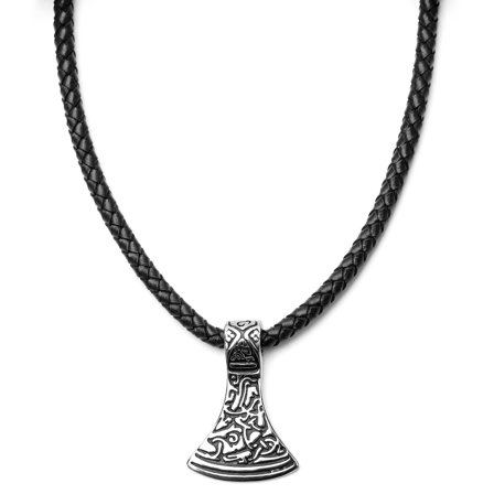 Collier en cuir noir et rune argentée pour hommes - Colliers marteau de Thor