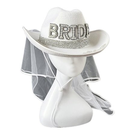 Pearl Bride Letter Cowboy Hat med Hvid Slør til Bryllupsceremoni Cowgirl Hat