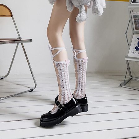 Strømper, blondebånd, knæhøje fiskenetstrømper, hullede knæstrømper (Farve: Hvid, Størrelse: One Size)