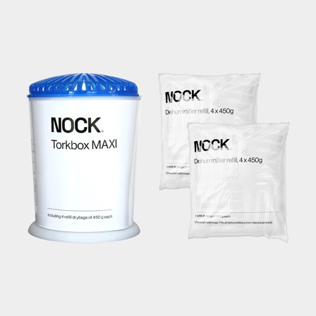 Fuktslukare NOCK Torkbox MAXI, verkningsyta upp till 40 m², påfyllningsbar + 12 torkpatroner (12 x 450 gram)