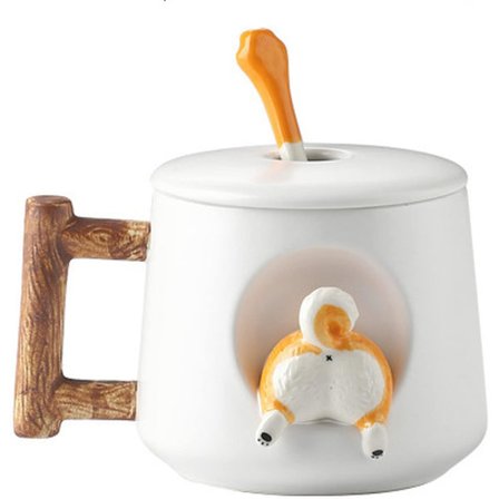 Söt Hundpar Koppar, Keramisk Kaffekopp med Lock, Söta Tassar på Toppen av Skeden, Söt Shiba Inu Tredimensionell Design, med Matt Textur