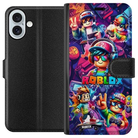 Kompatibelt Plånboksfodral till Apple Apple iPhone 16 Plus Färgstark Roblox-spelgrupp med hörlurar, kontroller och neonfärger perfekt för barn oc