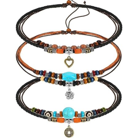 3 stk. Western Lagdelt Boho Træperle Choker Halskæde Justerbar Vintage Læder Halskæde Perle Choker Boho Smykker til Kvinder