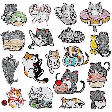 18 stk. søde katte-mærker til tøj, stryge- eller sy-på katte-applikationer, strygemærker til kjoler, jeans, hatte, sko, skjorter, jakker, rygsække