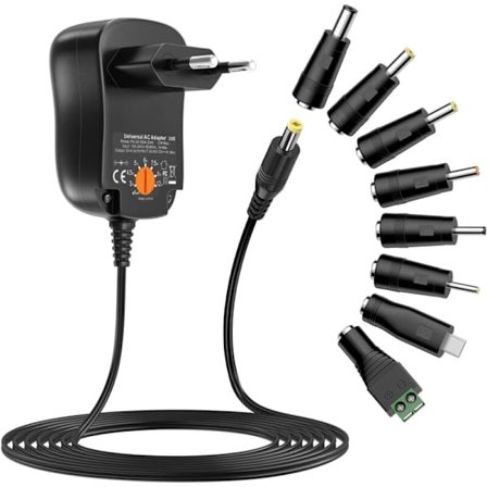 12W Universell AC til DC Strømadapter 3V 4.5V 5V 6V 7.5V 9V 12V 1A Koble Strømforsyning Transformator med 8 DC-kontakter for husholdningselektronikk,