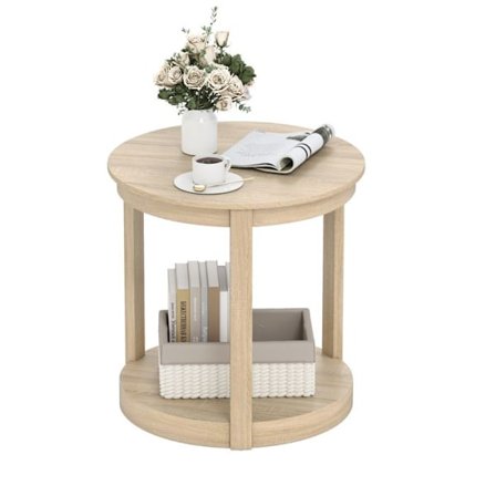 Kaksi Tasoa Salon Pöytä COSTWAY, Säilytyshylly, Kumipuutit, Pyöreä Pöytä Huoneeseen tai Toimistoon, Tammi