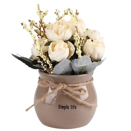 Keramisk vase kunstig silke rose blomst potte hjem desktop dekoration ornament hvid