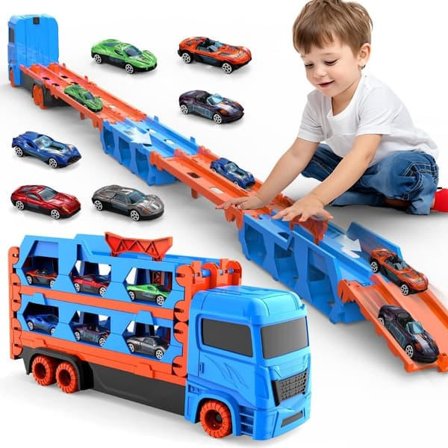 Blue Foldable Rocket Truck with 6 Metal Cars – Toy Set for Kids