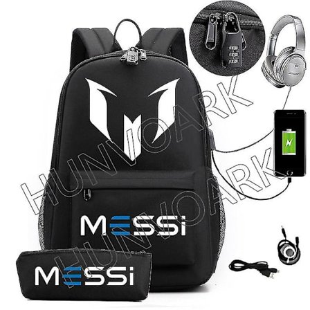 Messi Vattentät Ryggsäck USB Laddning Casual Reseryggsäck Kvinnor Män Stor kapacitet Rese Laptop Ryggsäck Skolväskor