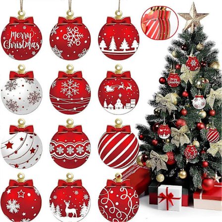24 stk. Røde og Hvide Julekugle Design Hængende Træpynt Sæt - Festlig {DB}