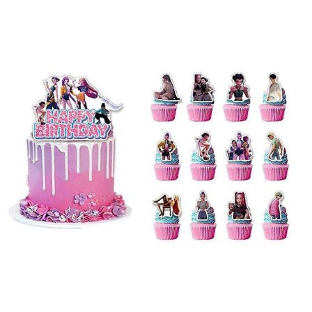 K-Pop Demonjegere Bursdagsfestdekorasjonssett med Banner Kaketopp Ballonger R7W1