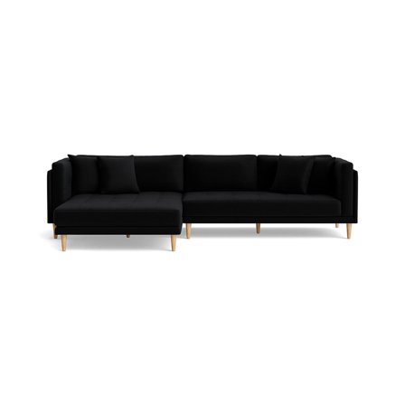 Cali Chaiselongue-Sofa, links, Riviera Schwarz, modernes Design mit breiter Récamiere für zwei Personen, Nozag-Federung, Höhe 76cm.