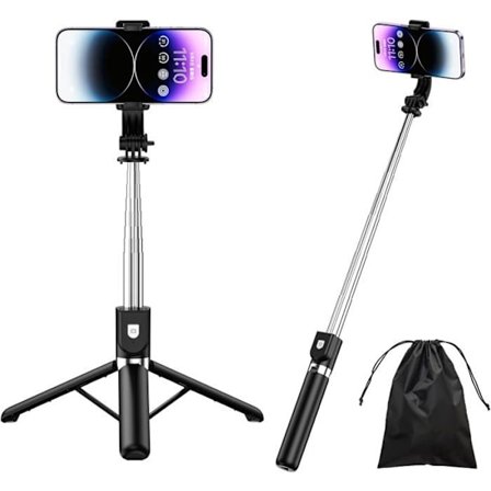 (130cm Sort) Selfie Stick, 4-i-1 Selfie Stick, Forstærket og Stabilt Tripod, Teleskopstang, 130cm Justerbar Selfie Stick Tripod Monopod, Sort