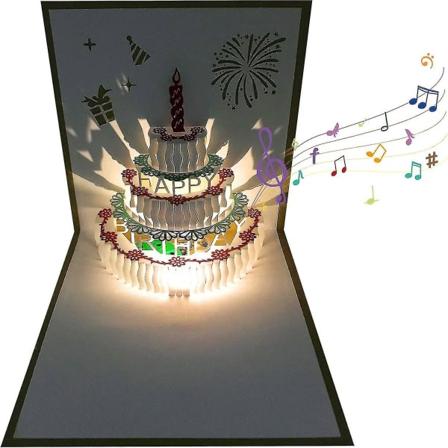 3D fødselsdagskort, 1 pakke farveskiftende stearinlys og automatisk afspilning af musik Happy birthday kagekort