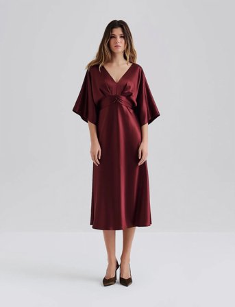 Malina Juno V-Neck Satin Midi Dress - Burgundy - L