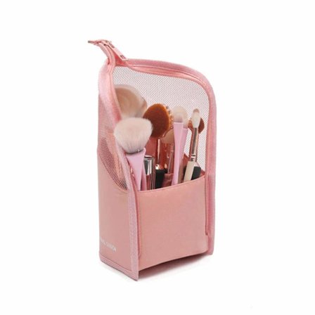 Makeup børste taske halv klar stående lynlås pung (Pink)